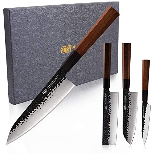 Set di coltelli da cucina FINDKING serie Dynasty 4PCS, Set di coltelli professionali da chef giapponesi, Lama in acciaio ad alto tenore di carbonio 9Cr18MoV, per carne, frutta e verdura