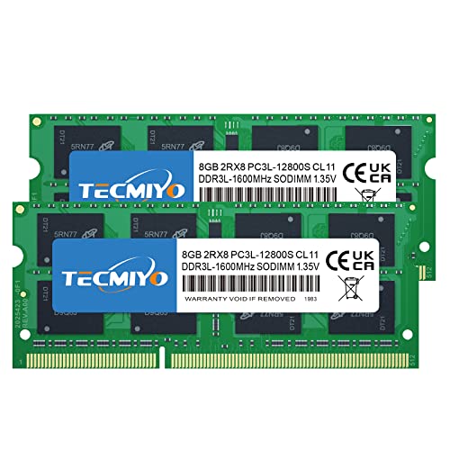 TECMIYO 16GB Kit (2X8GB) DDR3 DDR3L 1600MHz Sodimm RAM PC3 PC3L-12800S PC3 PC3L-12800 1,35 V   1,5 V CL11 204 Pin 2RX8 Non-ECC Unbuffered SODIMM Modulo di Memoria per Laptop per sistemi Intel e AMD