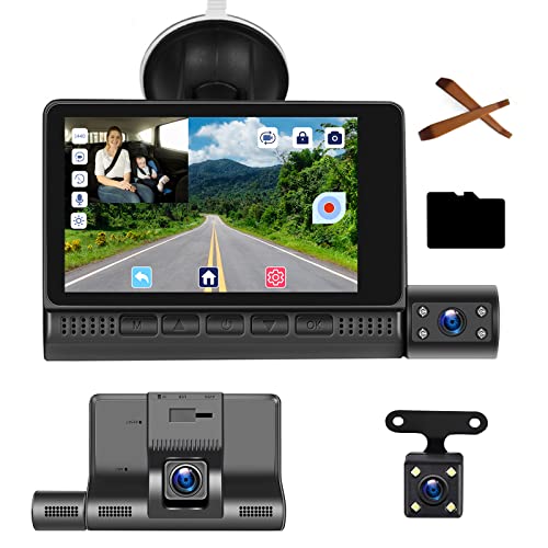 Telecamera Auto Dash Cam FHD 1080P 4 Pollici Touch Screen, 3 Telecamere - Frontale Interna Posteriore, G-Sensor, Registrazione in Loop, Sensore Movimento, Monitor di Parcheggio, WDR, SD 32GB DashCam