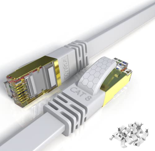 Veetop Cavo Ethernet 5m Cat 8 Piatto LAN Rete RJ45 in Oro per Alta velocità 40 Gigabit   2000 MHz (5m Bianco)