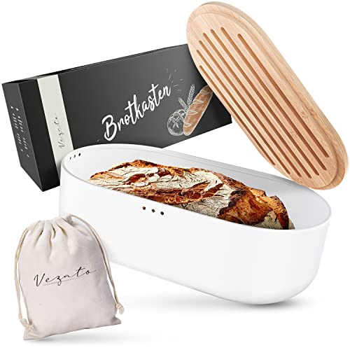 Vezato Scatola del pane - Portapane sostenibile per una lunga freschezza - Cestino del pane extra large con coperchio di bambù e tagliere - Cestino del pane sostenibile con sacchetto per il pane
