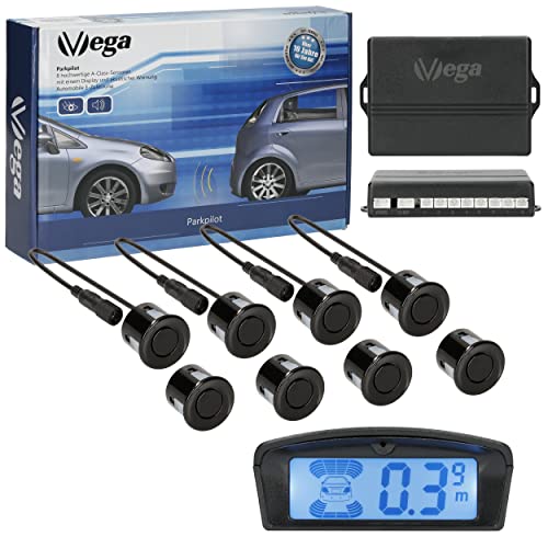 VSG24 22145 - Premium set di sensori di parcheggio anteriori e posteriori con display a colori e segnale acustico, Sistema Automatico, 8 Pezzi - Nero