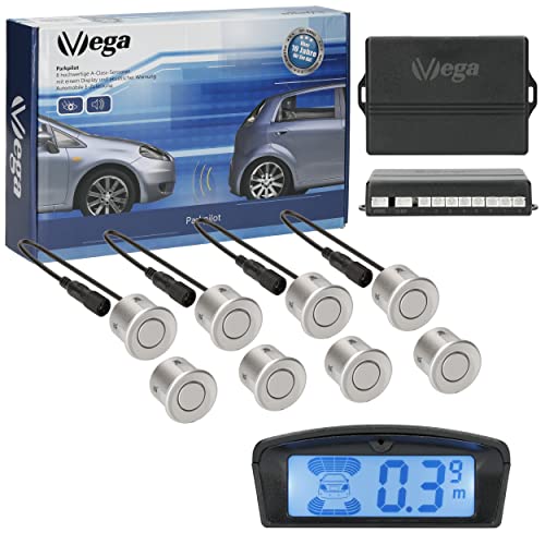 VSG24 22146 - Premium set di sensori di parcheggio anteriori e posteriori con display led e segnale acustico, Sistema Automatico, 8 Pezzi - Argento