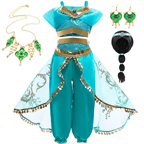 YOGLY Bambina Vestito da Principessa Jasmine Ragazze Halloween Natale Carnevale Compleanno Mascherata Cosplay Aladdin Dance Top Corto e Pantaloni Costume con Accessori Parrucca Orecchini Collana
