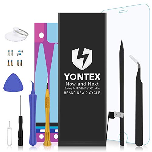 YONTEX Batteria di ricambio per iPhone 5S 5C, con kit di attrezzi di riparazione, adesivo e proteggi schermo, batteria di ricambio da 1560 mAh, 0 cicli