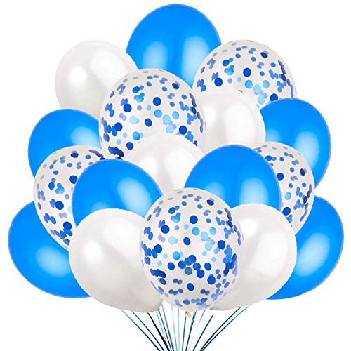 60 Palloncini Blu Bianco e Confetti Balloon, 50 Palloncini Classici + 10 Palloncini di Coriandoli.