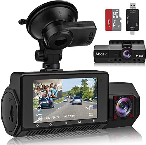 Abask Dash Cam 4K GPS, Telecamera per Auto con Visione Notturna a Infrarossi, Sensore Movimento, Vista 310°, G-Sensor, Registrazione in Loop, WDR, Dashcam Auto con Monitor di Parcheggio, Max 256GB