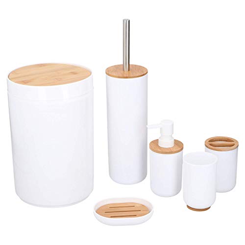 Alpina - Set da bagno e WC, 6 pezzi, con bicchiere, dispenser per sapone, piattino portasapone, contenitore per rifiuti, scopino per WC con supporto, in plastica e bambù