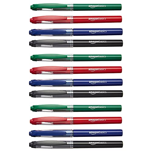 Amazon Basics - Penna a sfera roller, punta fine (0,5 mm), colori assortiti, confezione da 12