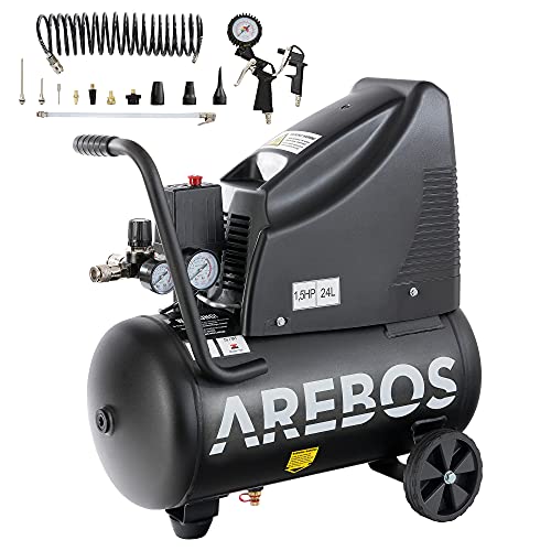 Arebos Compressore d aria | 1100W | 24L con recipiente a pressione senza olio + utensili | carrellato | compressore aria silenzioso