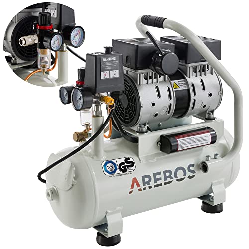 Arebos Compressore silenzioso | 500 Watt | 12 litri | senza olio | 54,4 dB, 89 l min | attacco rapido | certificazione TÜV Süd