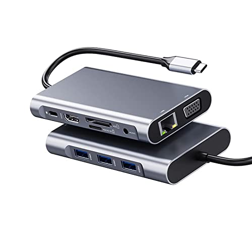 Audacio - Hub USB C 10 in 1 Adattatore con HDMI, VGA, Porta Ethernet Gigabit RJ45, 3 Porte USB, Lettori SD e TF, Porta di Ricarica PD da 100W, Docking Station provvista diJack Audio