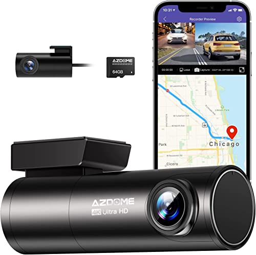 AZDOME 4K Dual Dash Cam, Dashcam WiFi con GPS, Controllo Vocale Telecamera per Auto con UHD 2160P, Visione Notturna, WDR, G-Sensor, Monitor di Parcheggio, Scheda SD 64GB Inclusa (M300S)