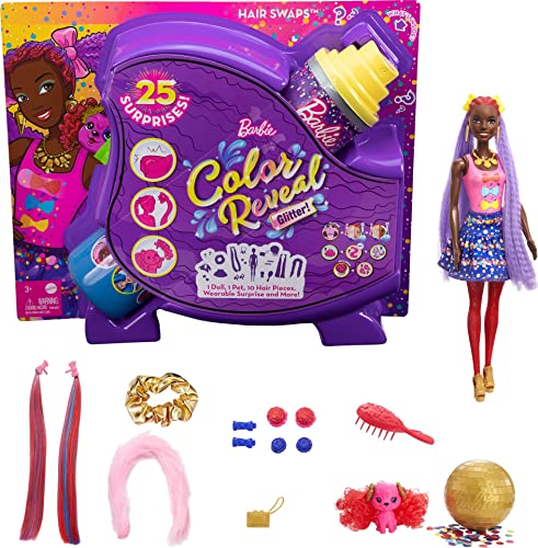 Barbie- Color Reveal Bambola Afroamericana, con Glitter Blu e Cucciolo con 25 Sorprese e Tantissimi Accessori per Acconciature Capelli a Tema Festa, Giocattolo per Bambini 3+Anni, HBG40