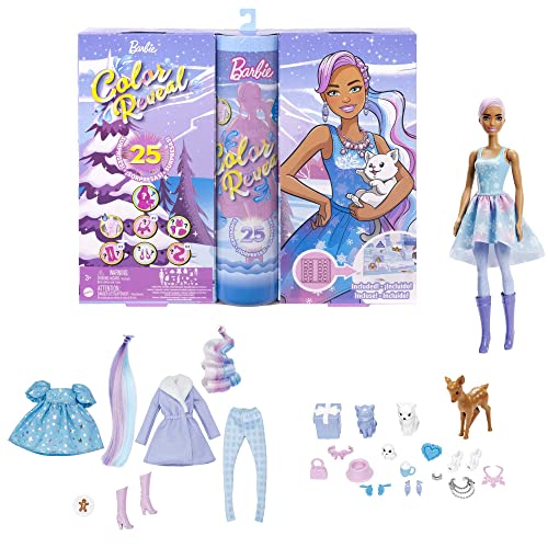 Barbie - Color Reveal, Calendario d Avvento con sorprese, accessori e bambola Barbie, Giocattolo per Bambini 3+ Anni, HJD60