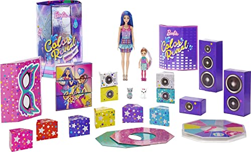 Barbie - Color Reveal Festa a Sorpresa​ con Bambola Barbie, Bambola Chelsea e 2 Cuccioli Color Reveal, Oltre 50 Accessori a Tema Festa da Ballo, Giocattolo per Bambini 3+Anni, GXJ88