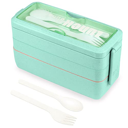 Bento Lunch Box Impilabile - Contenitori per Alimenti con Posate Adatto per Pranzo Ufficio - Premium Porta Prano Adulti e Bambini, Di Kisstta (Plastica, Verde)
