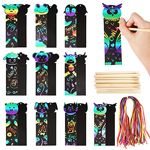 BETESSIN 50pz Segnalibri Scratch Animali Arcobaleno con 50 Corde Colorate 25pz Bastoncini di bambù Regalini Compleanno Bambini Artiginali Feste a Tema Giungla Fogli da Grattare