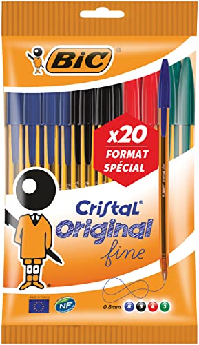 BIC Cristal Original Penne a sfera punta fine (0,8 mm) - Colori assortiti, sacchetto formato speciale da 20