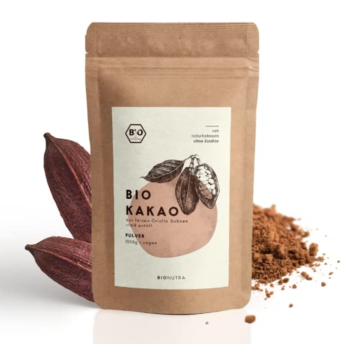 BIONUTRA Cacao in polvere biologico 1000 g, altamente disoleato (11% di grassi), polvere di cacao biologico senza zucchero, macinato da semi di Criollo