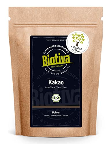 Biotiva Cacao in polvere Bio - 1000g - puro - molto sgrassato (11% grasso) - senza zucchero - qualità massima - confezionato e controllato in Germania (DE-eco-005)