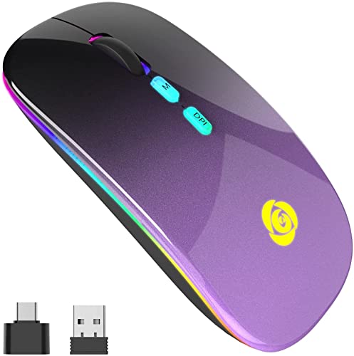 Bluetooth Mouse Senza Fili, Wireless Mouse con Ricevitore USB a 2.4GHz e Tipo C, Mouse Sottile 3 DPI 800 1200 1600 e 7 Colori Retroilluminazione, Mouse Muto Compatibile con iPad  PC  Mac  Windows