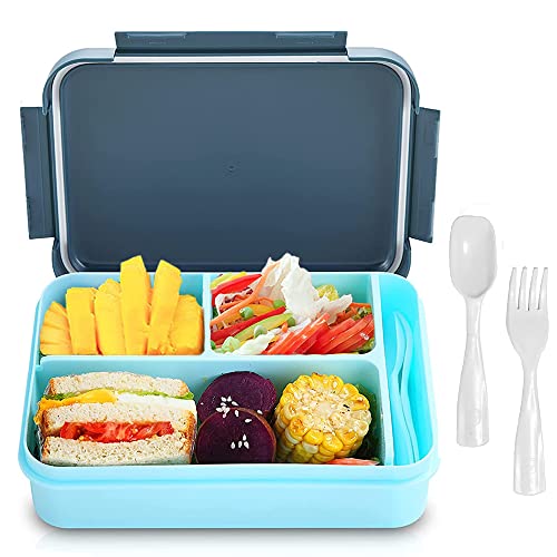 Bugucat Lunch Box 1250ML, Bento Box Porta Pranzo Scuola Pranzo Con 3 Pratici Scomparti e Posate（Forchetta e Cucchiaio）per Microonde e Lavastoviglie per Adulti e Bambini, No BPA Approvato dalla FDA