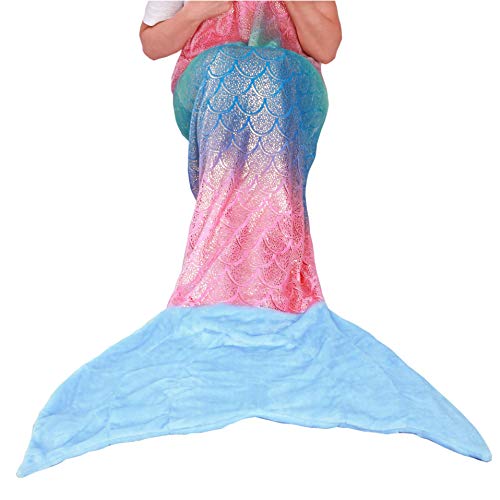 Coperta a coda di sirena per adulti, coperta da sirena in pile di flanella, coperta da sirena, da donna, con motivo a squame di pesce arcobaleno, 63 x 152 cm