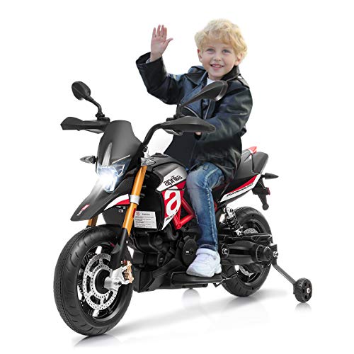 COSTWAY Aprilia 12 V Moto Motocicletta Elettrica per Bambini, con Ruote Ausiliarie Antiscivolo Luci LED e Musica MP3, Moto Elettrica alla Moda (Rosso)