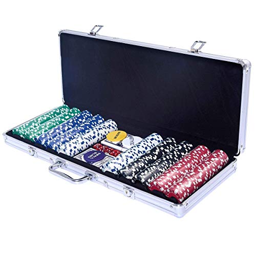 COSTWAY Chips Poker Set da Poker di 500 Chips, Inclusi 2 Mazzi di Carte da Poker 5 Dadi 1 Pulsante Dealer Valigetta in Alluminio