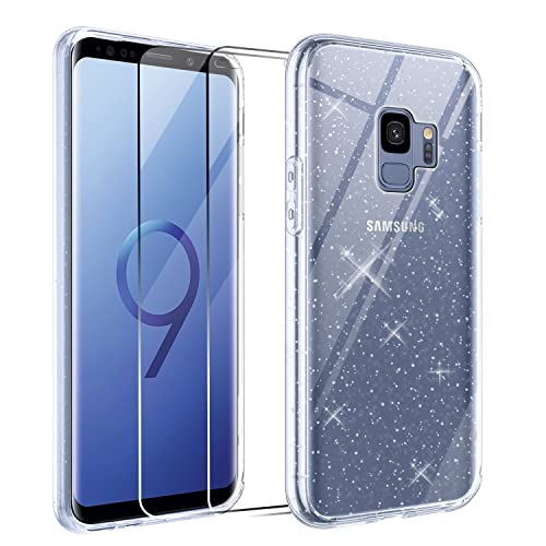 Cover Compatibile con Samsung Galaxy S9 Custodia Glitter, 2 Pezzi Pellicola Protettiva in Vetro Temperato, Brillantini Custodia Morbido TPU Protezione Trasparente Antiurto Case