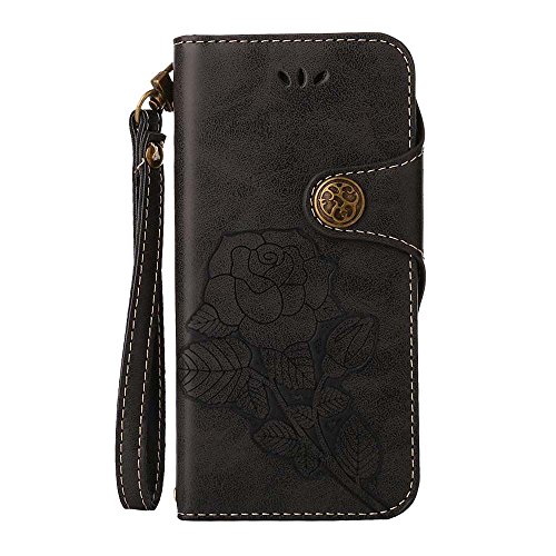 Custodia LG G6, COOSTOREEU Retro Embossed Roses Magnetic Slotted Wallet Case+ Cinghia di Polso Smontabile Progettazione per LG G6 2017, Nero