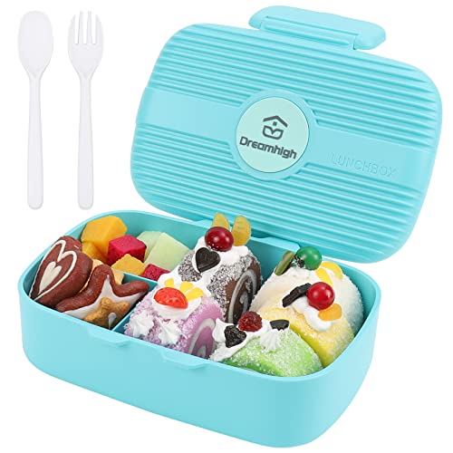 DreamHigh Lunch Box Bambini 720 ml, Bento Box a prova di perdita & Anticaduta Adatto a 3-10 Anni, per Microonde e Lavastoviglie, Porta Pranzo con 3 Scomparti e Posate, Senza BPA - Blu