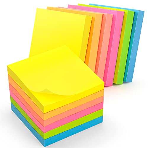 Foglietti Adesivi 6 Colori Neon per Appunti, TOYESS 1200 Pz Sticky Notes Multicolore per Ufficio & Studenti, 12 Blocchi ( 76 x 76 Mm)