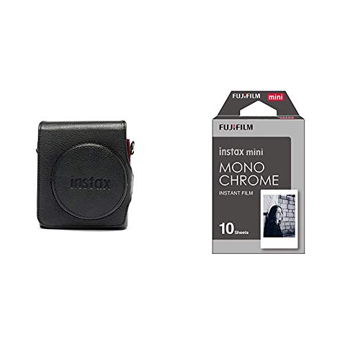 Fujifilm Instax Mini 90 Custodia in pelle PU con tracolla & 16531958 Mini Pellicola Istantanea Monochrome, 10 Pose, Bianco