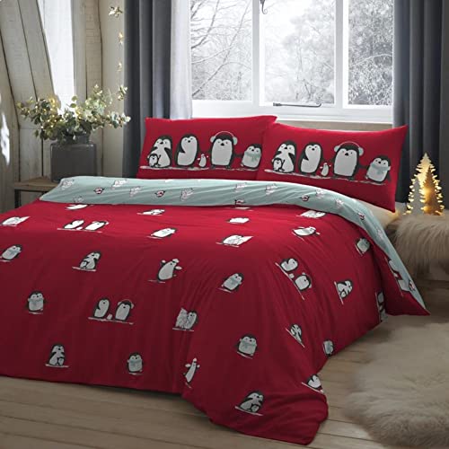 Fusion Set copripiumino natalizio con pinguini innevati in 100% cotone spazzolato, per letto king size, colore: rosso