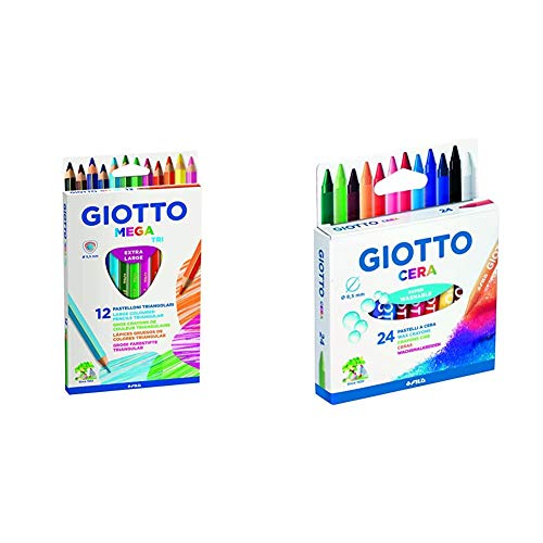 Giotto 220600, Gio Mega-Tri Astuccio 12 Maxi Pastelloni Colorati & 282200, Pastelli A Cera In Astuccio Da 24 Colori