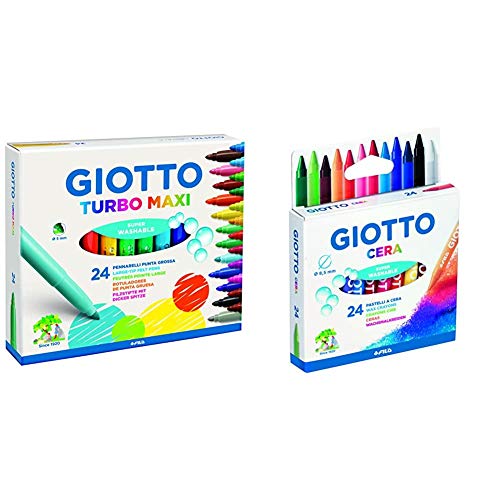  Giotto 455000 Pennarelli Turbo Maxi Punta Larga, 5 Mm, Conf. Da 24 Tonalita  Di Colori & Giotto 282200, Pastelli A Cera In Astuccio Da 24 Colori