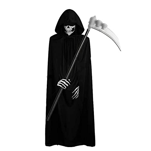 Gobesty Costume Cosplay di Halloween da Grim Reaper, Costume da Mietitore di Halloween per Uomo, Costume Grim Reaper Tunica Con Cappuccio con Armi e Maschera per Adulti e Bambini, Nero