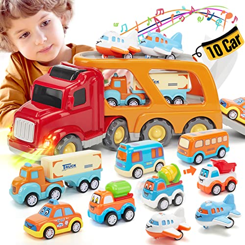 hahaland Camion Macchinine per Bambini 2 anni, 10 pezzi Camion Cars con Suoni e Luci, Camion Giocattolo Regalo per Bambino 1 2 3 anni