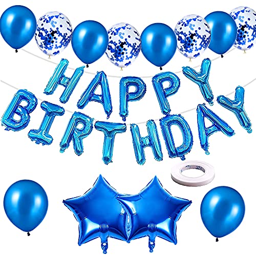 Happy Birthday Balloon Banner, palloncini autogonfiabili in blu con palloncini in lamina   palloncini con coriandoli   palloncini in lattice nastro per bambini uomini donne decorazioni (blu)