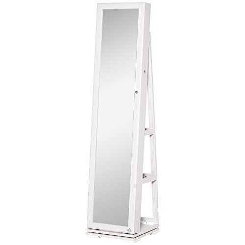 HOMCOM Specchio Portagioie, Specchio da Terra Girevole, Specchio Moderno per Camera da Letto in Legno Bianco con 2 Chiavi
