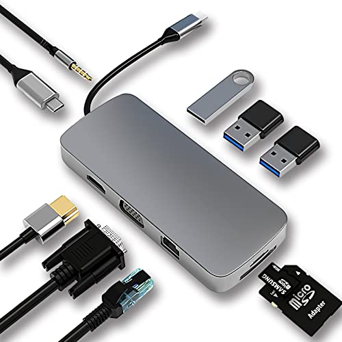 HUB USB C, Docking Station, Adattatore USB C 10 in 1 con 4K-HDMI, VGA, Tipo C PD, Porta USB 3.0, RJ45 Ethernet, SD TF, 3,5 mm AUX, Compatibile con MacBook Pro Air, altro Tipo C Geräte