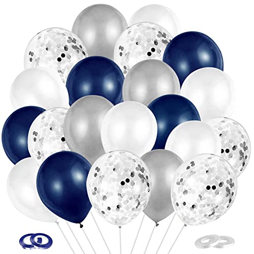JKDHJK 60 palloncini in lattice da 30 cm + 4 nastri, palloncini con coriandoli blu, palloncini di compleanno, adatti per decorazioni di compleanno, matrimoni, battesimi (blu notte+bianco+coriandoli)