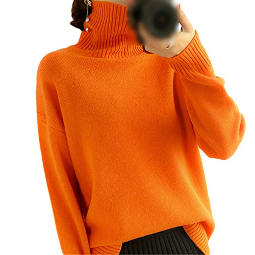 Kelsiop Autunno e Inverno 100% Lana Maglione Dolcevita delle donne ispessito Pullover Maglione All-Match Bottoming Shirt, Arancione, L