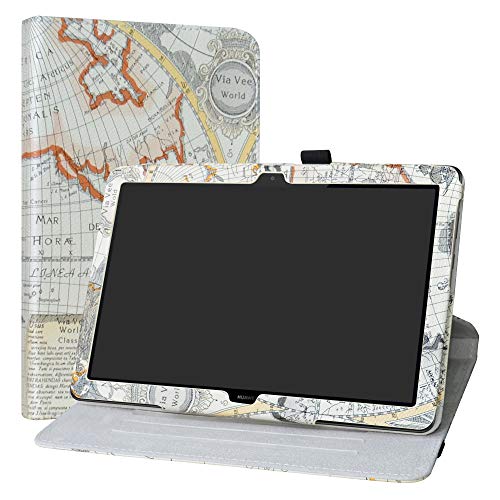Labanema Mediapad T5 10 Custodia, PU Caso Pelle Girevole 360°Rotante Cover Case per Huawei MediaPad T5 10.1  2018 Tablet - Map White