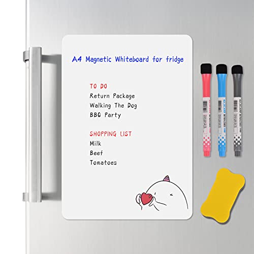 Lavagna bianca morbida magnetica A4 Queta, 3 penna magnetica forte + pannello cancello cancellatore, adesivo per frigorifero con messaggio per la casa e l ufficio