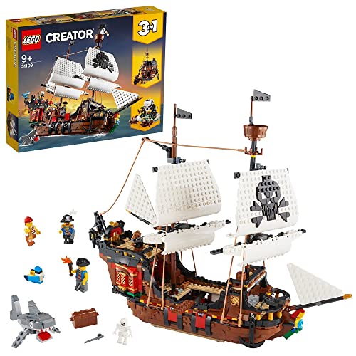 LEGO 31109 Creator Galeone dei Pirati, Set 3 in 1 con Nave Giocattolo, Locanda e Isola del Teschio, Minifigure e Squalo da Costruire, Giochi Creativi
