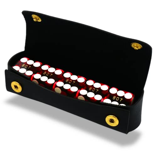 Luck Lab Set di 5 dadi da casinò di grado AAA da 19 mm con bordi del rasoio e numeri di serie corrispondenti e custodia per dadi in pelle, colore: rosso