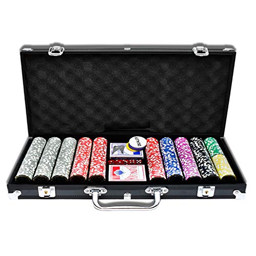 LZQ Custodia da poker 500 chip Texas Hold em Poker Chip con custodia nera in alluminio con custodia per il trasporto e chip da casinò, 2 giochi di carte dealer Small Blind Big Blind Buttons e 5 dadi